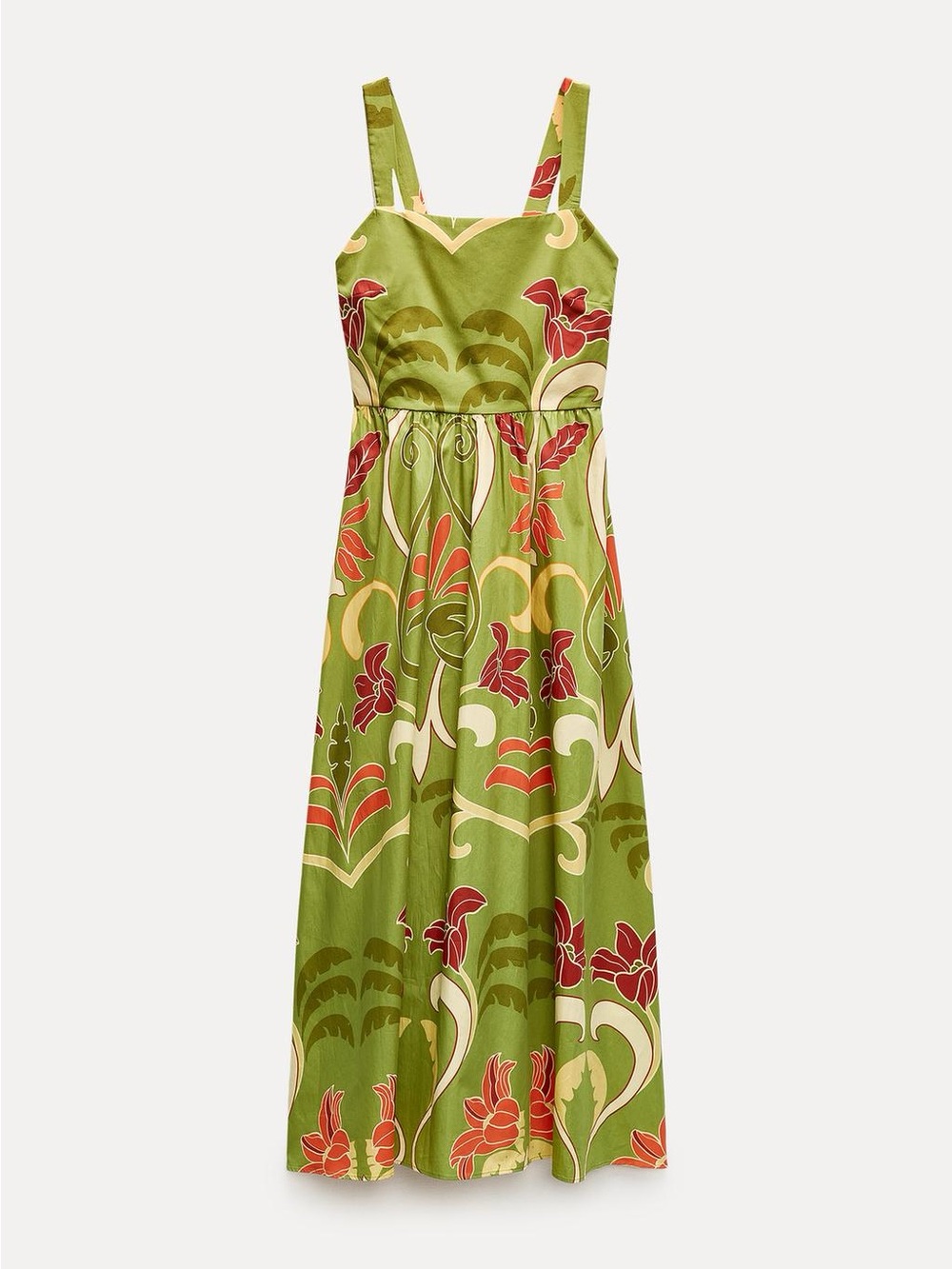 Zara Olive Green Floral Midi Dress with Red & Cream Accents - Picture 2 of 14